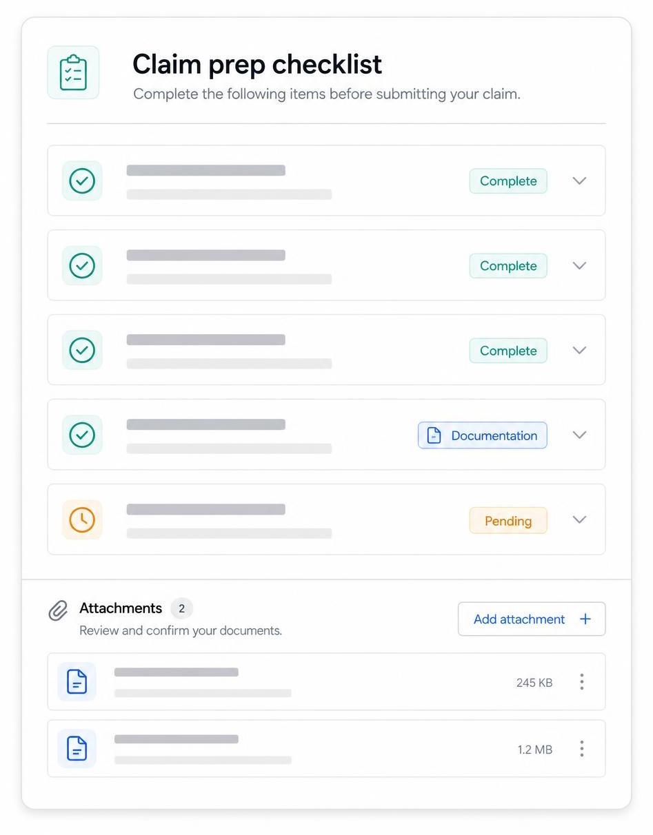 PatientArc claim prep checklist with completed items, a documentation chip, and attachments.