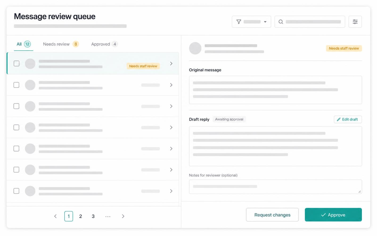 PatientArc message review queue with a drafted reply awaiting staff approval.