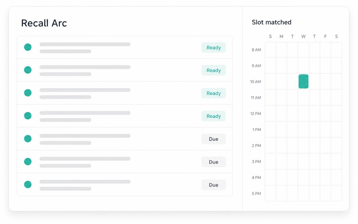 PatientArc Recall Arc board with ready and due rows next to a matched schedule slot.